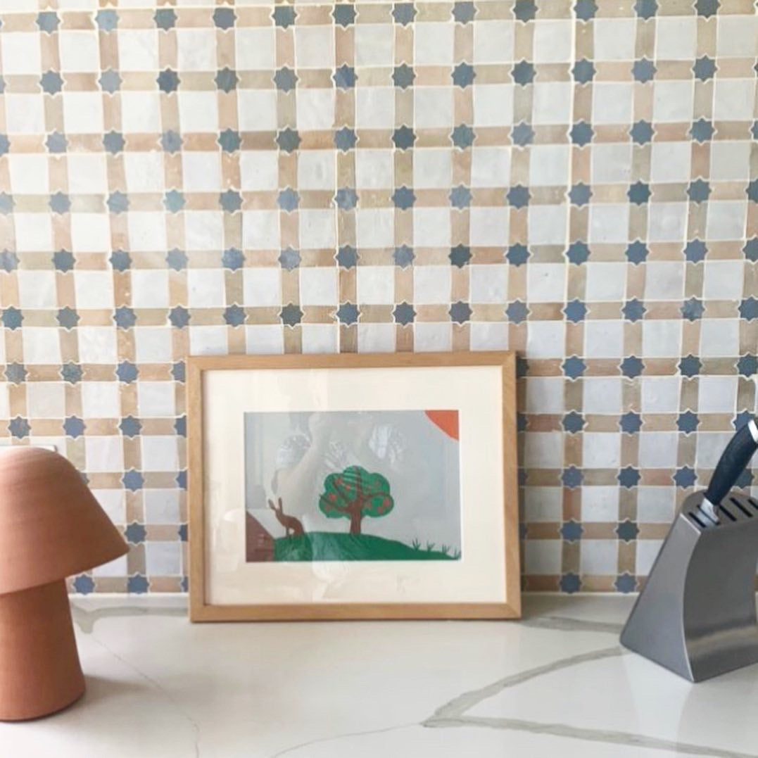 Moroccan Zellige Estela Mosaic Snow + Clay + Clear Sky by Tiles of Ezra