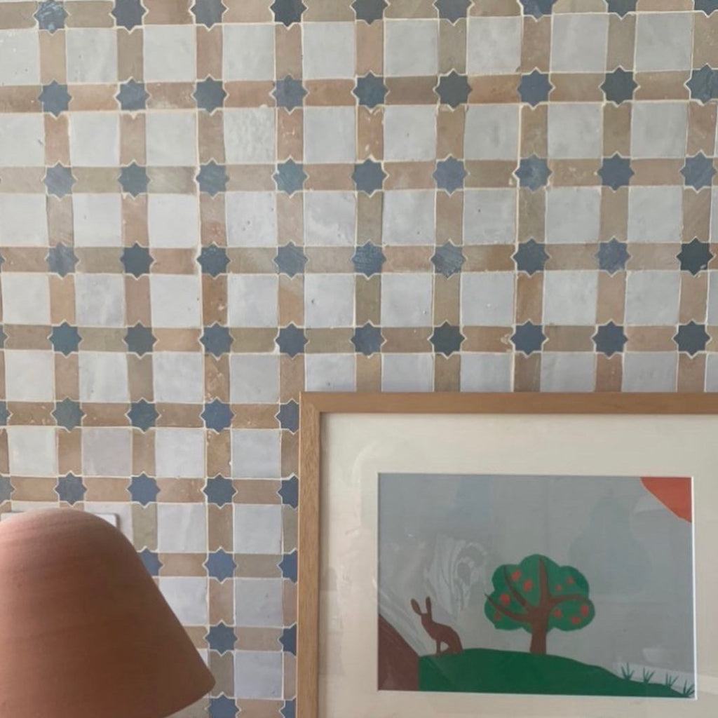 Moroccan Zellige Estela Mosaic Snow + Clay + Clear Sky by Tiles of Ezra