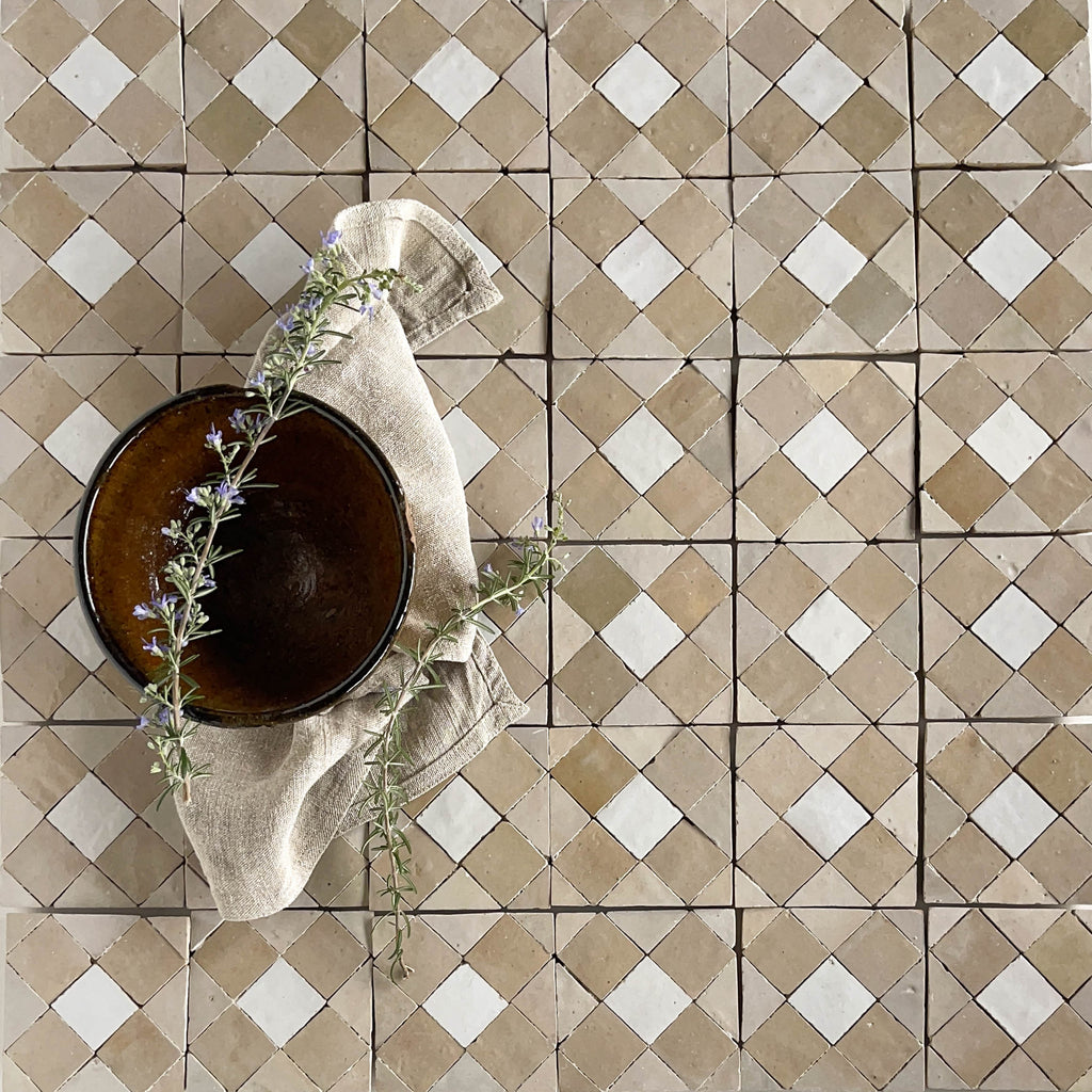 Moroccan Zellige Tavira Mosaic Snow + Latte + Oat by Tiles of Ezra