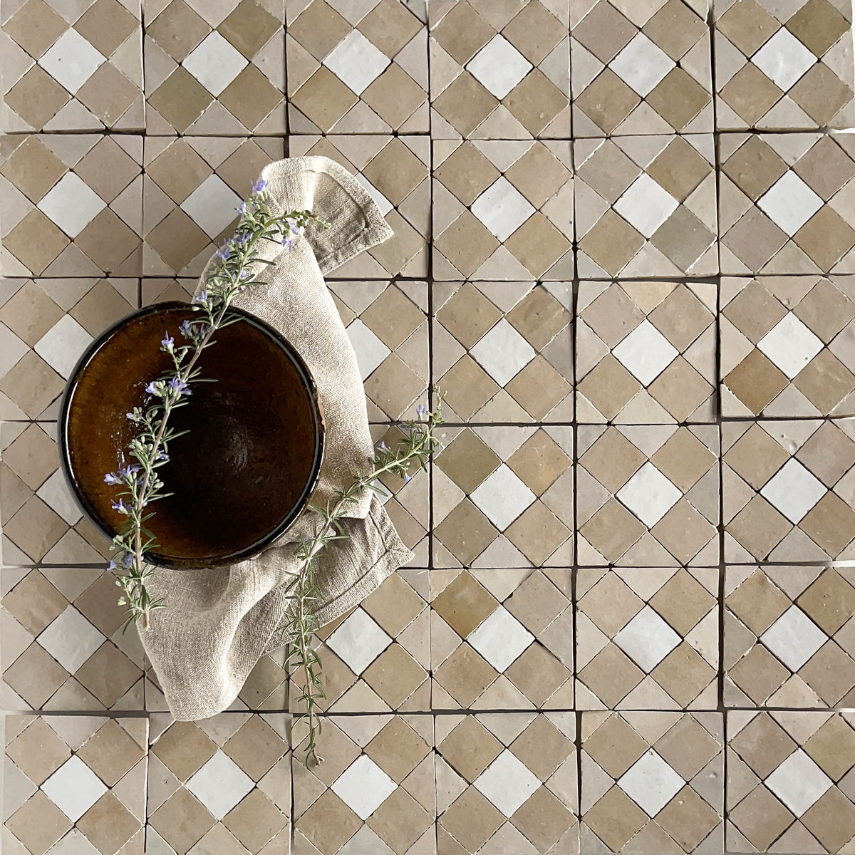 Moroccan Zellige Tavira Mosaic Snow + Latte + Oat by Tiles of Ezra