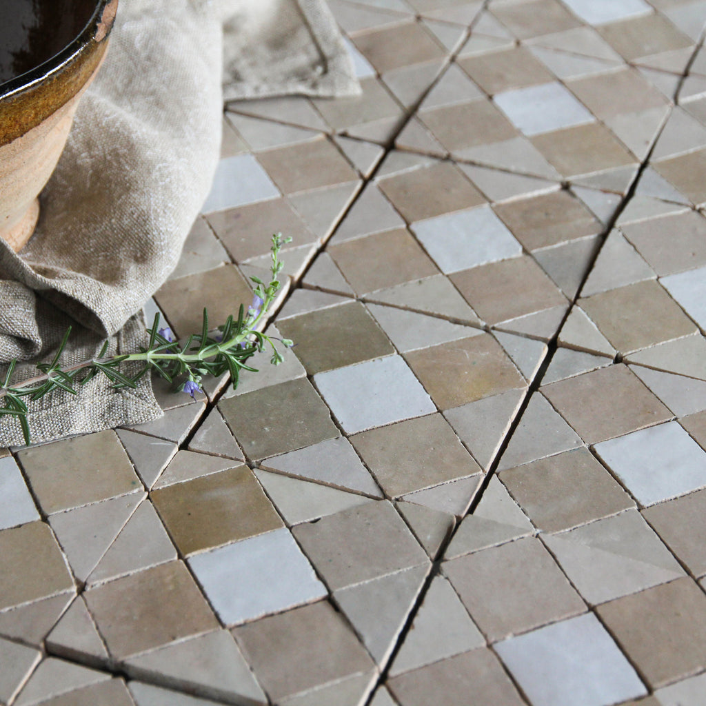 Moroccan Zellige Tavira Mosaic Snow + Latte + Oat by Tiles of Ezra
