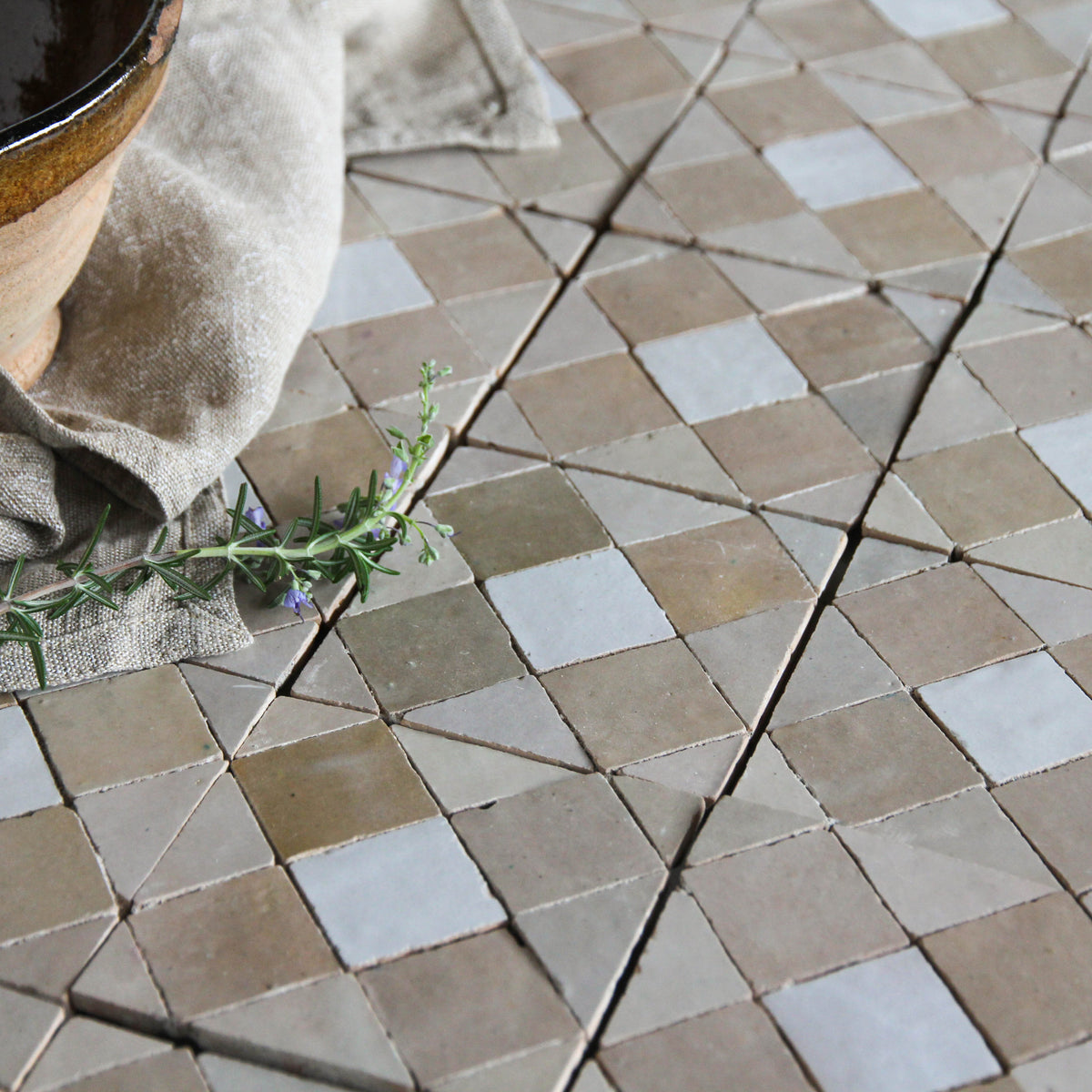 Moroccan Zellige Tavira Mosaic Snow + Latte + Oat by Tiles of Ezra