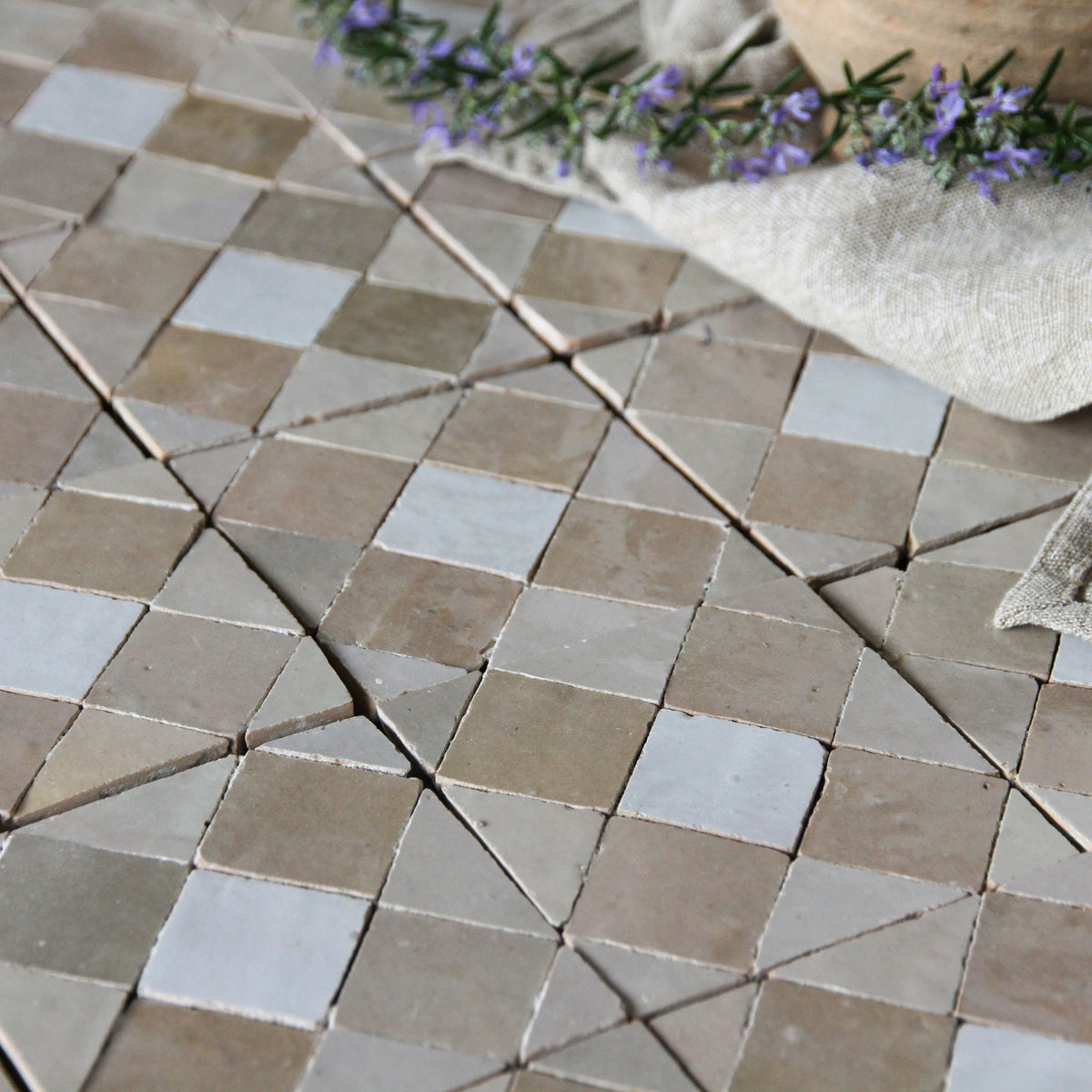 Moroccan Zellige Tavira Mosaic Snow + Latte + Oat by Tiles of Ezra