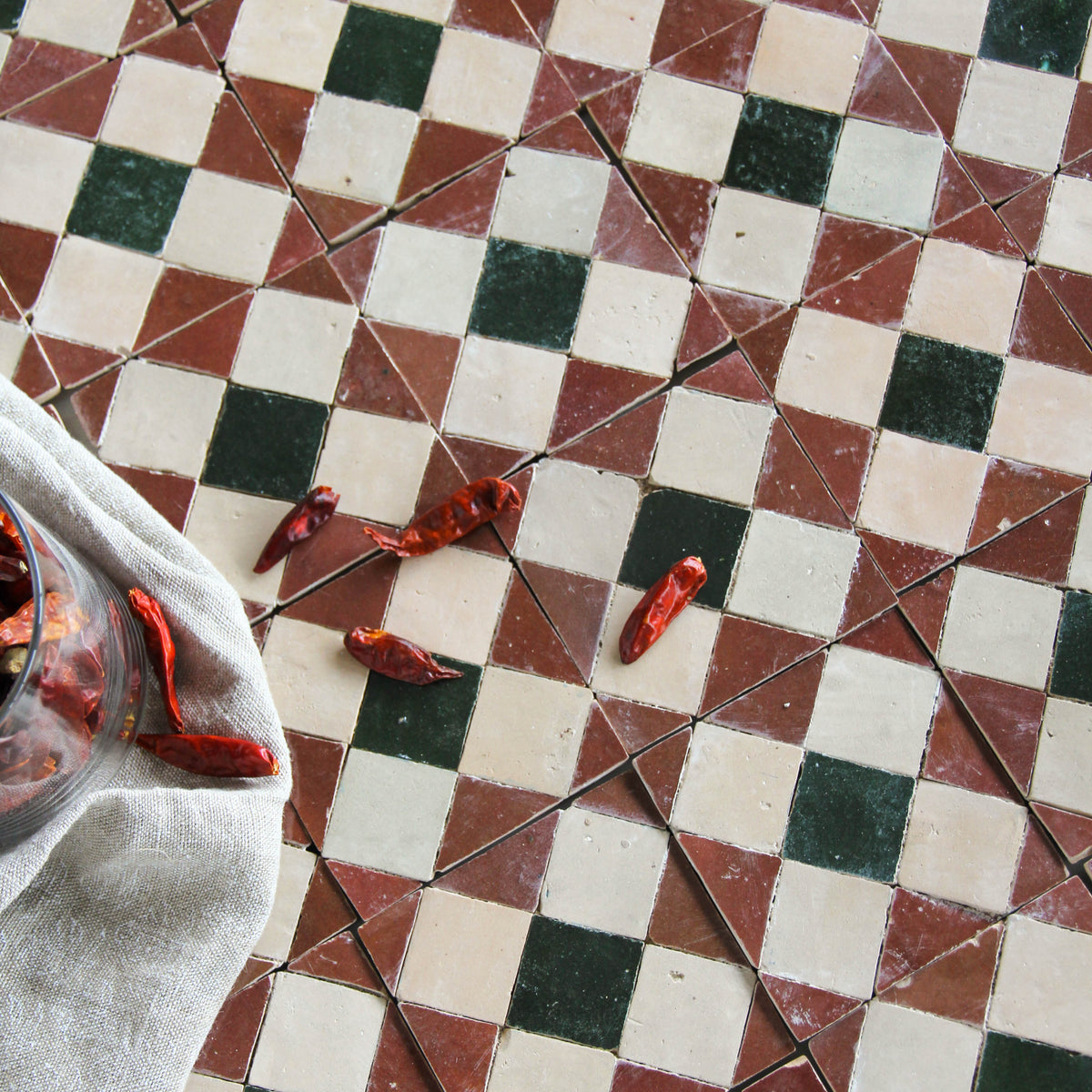 Moroccan Zellige Tavira Mosaic Clay + Rust + Dark Green by Tiles of Ezra