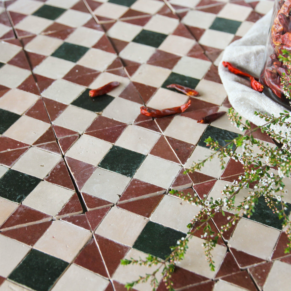 Moroccan Zellige Tavira Mosaic Clay + Rust + Dark Green by Tiles of Ezra