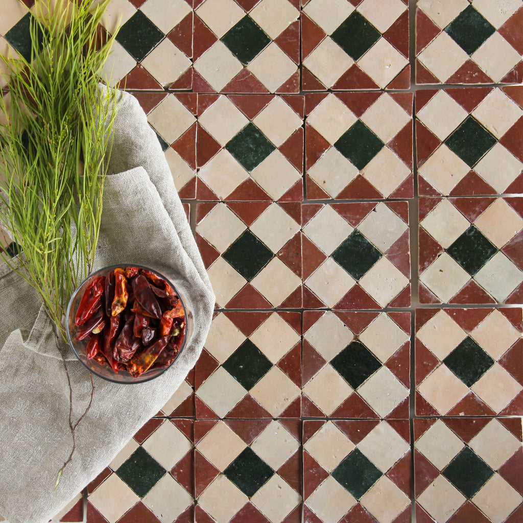 Moroccan Zellige Tavira Mosaic Clay + Rust + Dark Green by Tiles of Ezra