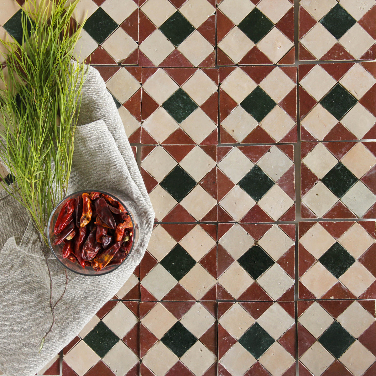 Moroccan Zellige Tavira Mosaic Clay + Rust + Dark Green by Tiles of Ezra