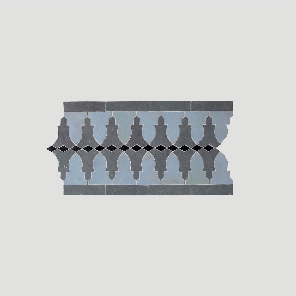 Moroccan Zellige Cornisa Border Mosaic Clear Sky + Ash Grey + Black by Tiles of Ezra