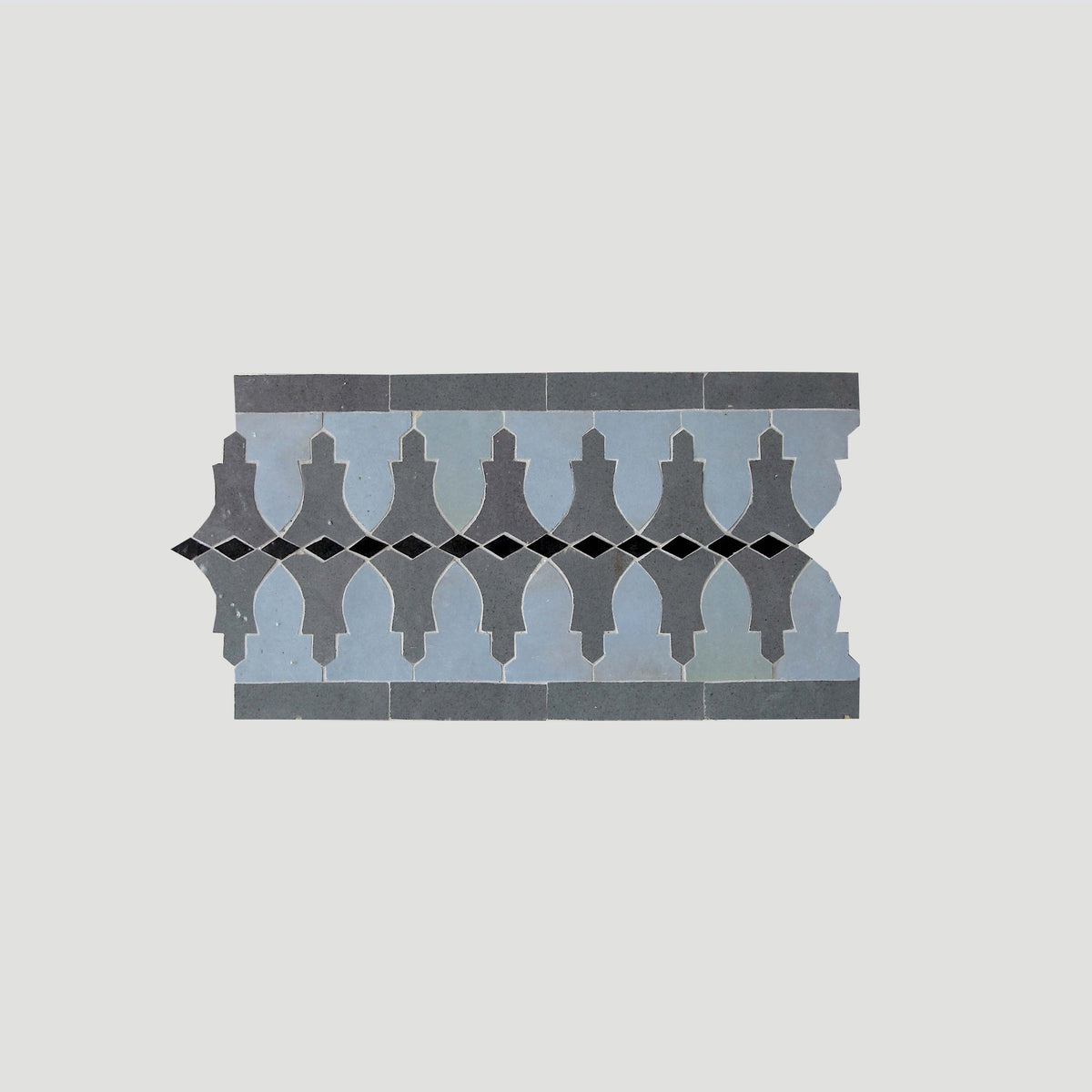 Moroccan Zellige Cornisa Border Mosaic Clear Sky + Ash Grey + Black by Tiles of Ezra