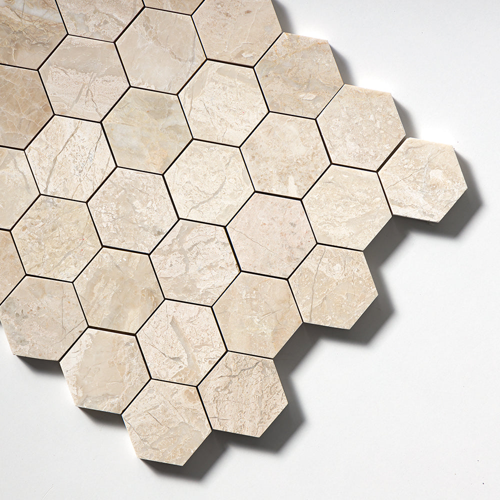 Diana Royal Honed Hexagon 2 Marble Mosaic — 10 3/8 × 12 × 3/8 in
