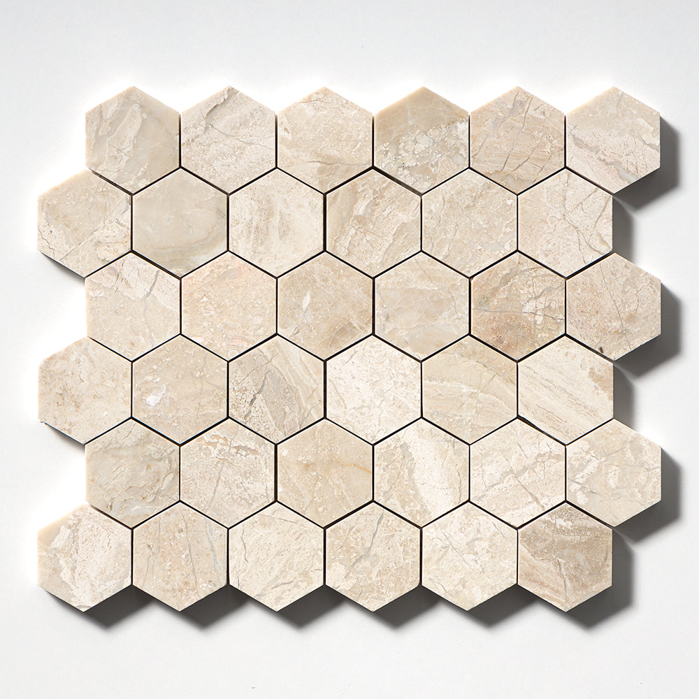 Diana Royal Honed Hexagon 2 Marble Mosaic — 10 3/8 × 12 × 3/8 in