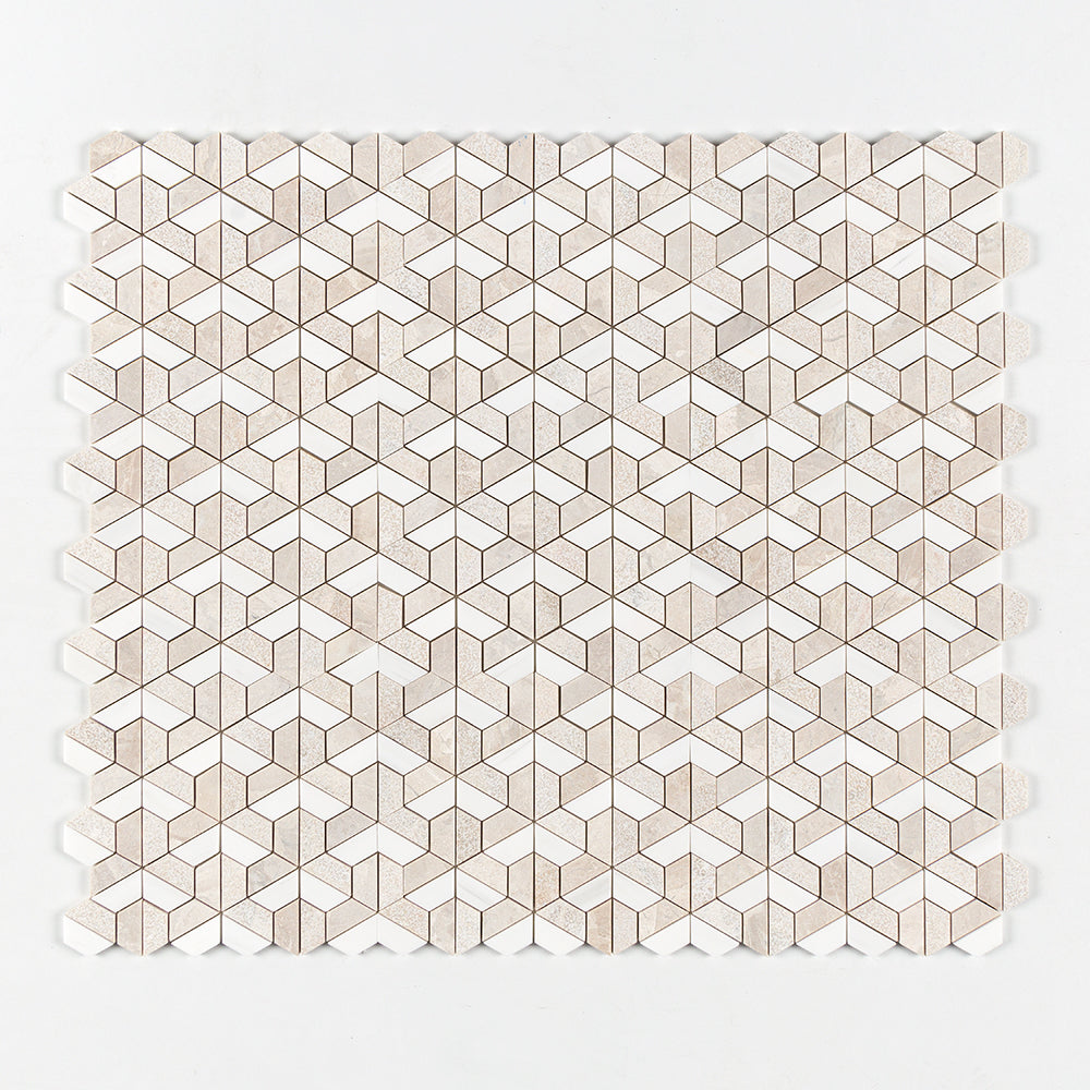 Diana Royal & Snow White Textured 3d Hexagon Marble Mosaic — 10 3/8 × 12 × 3/8 in