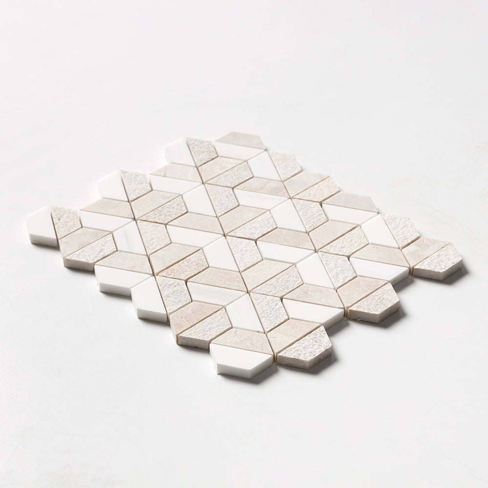 Diana Royal & Snow White Textured 3d Hexagon Marble Mosaic — 10 3/8 × 12 × 3/8 in