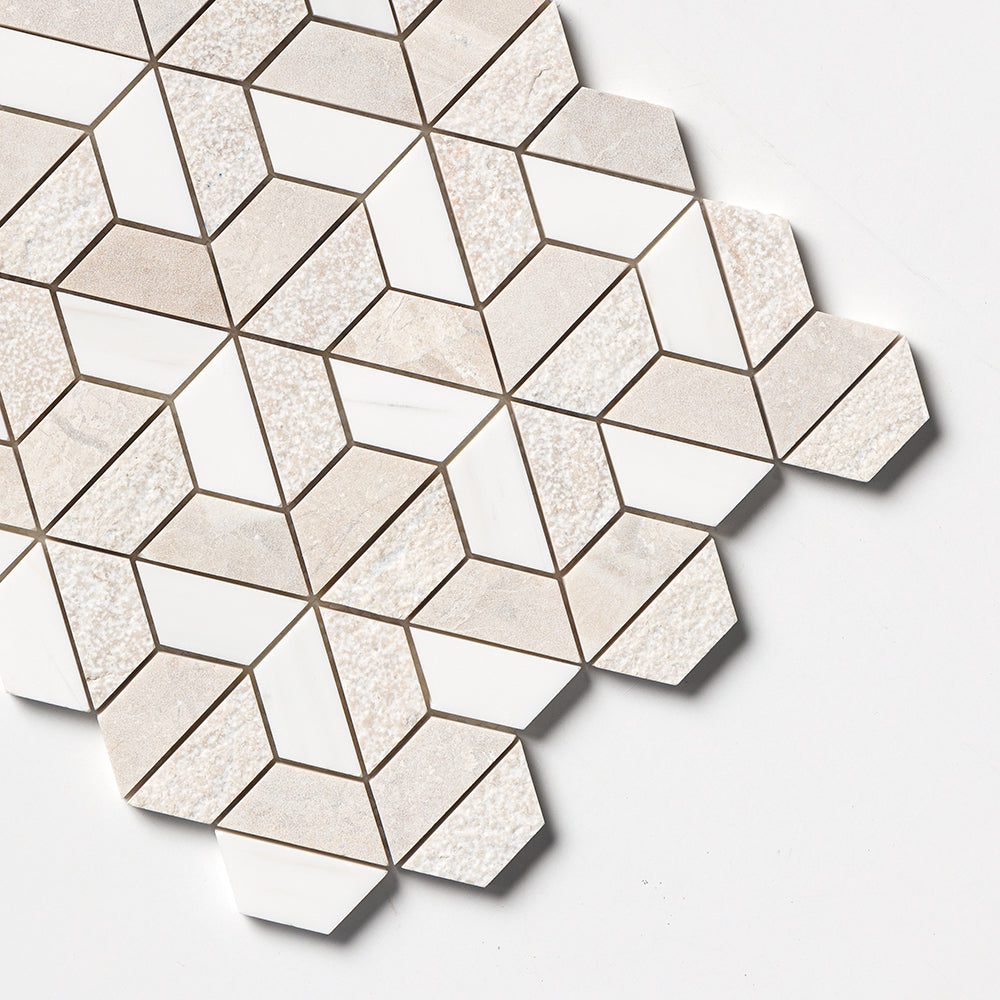 Diana Royal & Snow White Textured 3d Hexagon Marble Mosaic — 10 3/8 × 12 × 3/8 in
