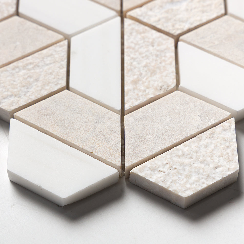 Diana Royal & Snow White Textured 3d Hexagon Marble Mosaic — 10 3/8 × 12 × 3/8 in