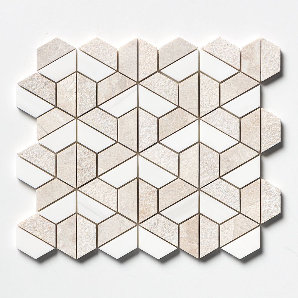 Diana Royal & Snow White Textured 3d Hexagon Marble Mosaic — 10 3/8 × 12 × 3/8 in