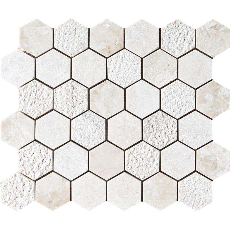 Diana Royal Textured Hexagon 2 Marble Mosaic — 10 3/8 × 12 × 3/8 in