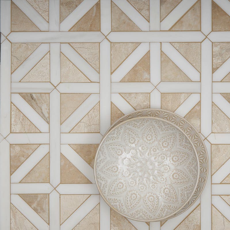 Diana Royal, Snow White Honed Classic Lattice Marble Mosaic — 14 3/4  ×  14 3/4 in