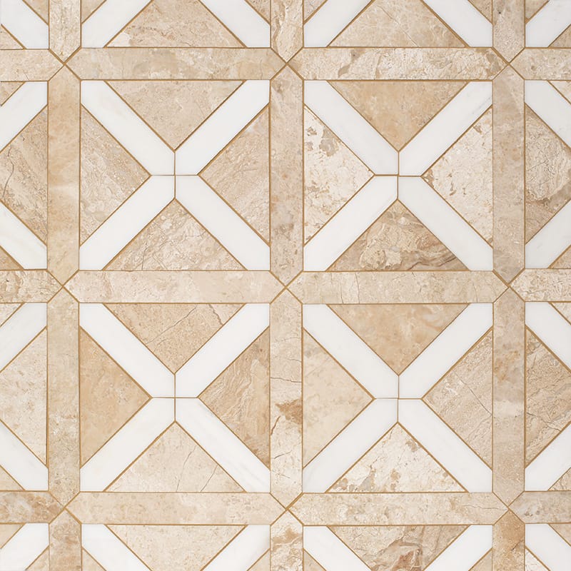 Diana Royal, Snow White Honed Large Lattice Marble Mosaic — 13 7/8  ×  13 7/8 in