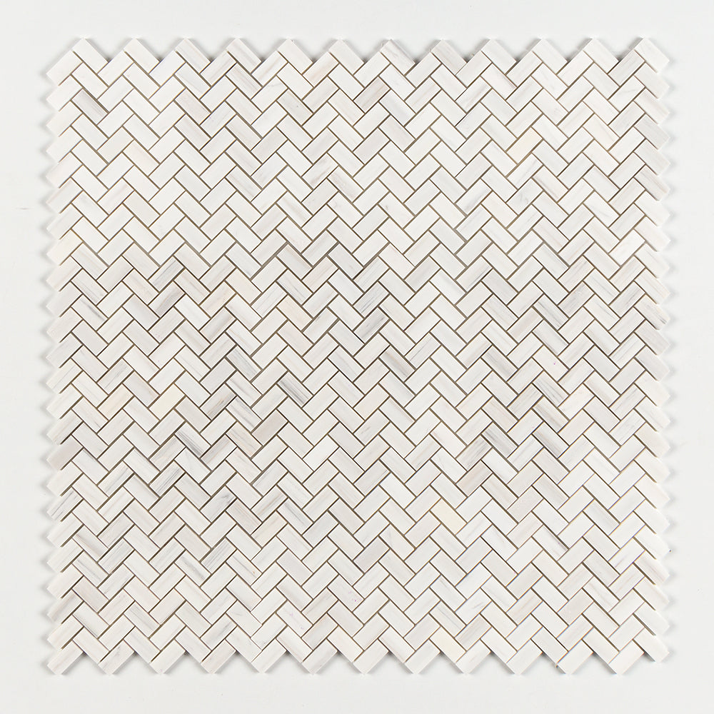 Bianco Dolomiti Classic Polished Herringbone 1x2 Marble Mosaic — 12 1/8 × 13 3/8 × 3/8 in