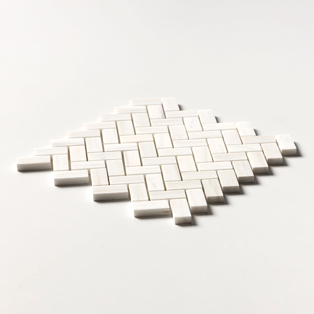 Bianco Dolomiti Classic Polished Herringbone 1x2 Marble Mosaic — 12 1/8 × 13 3/8 × 3/8 in