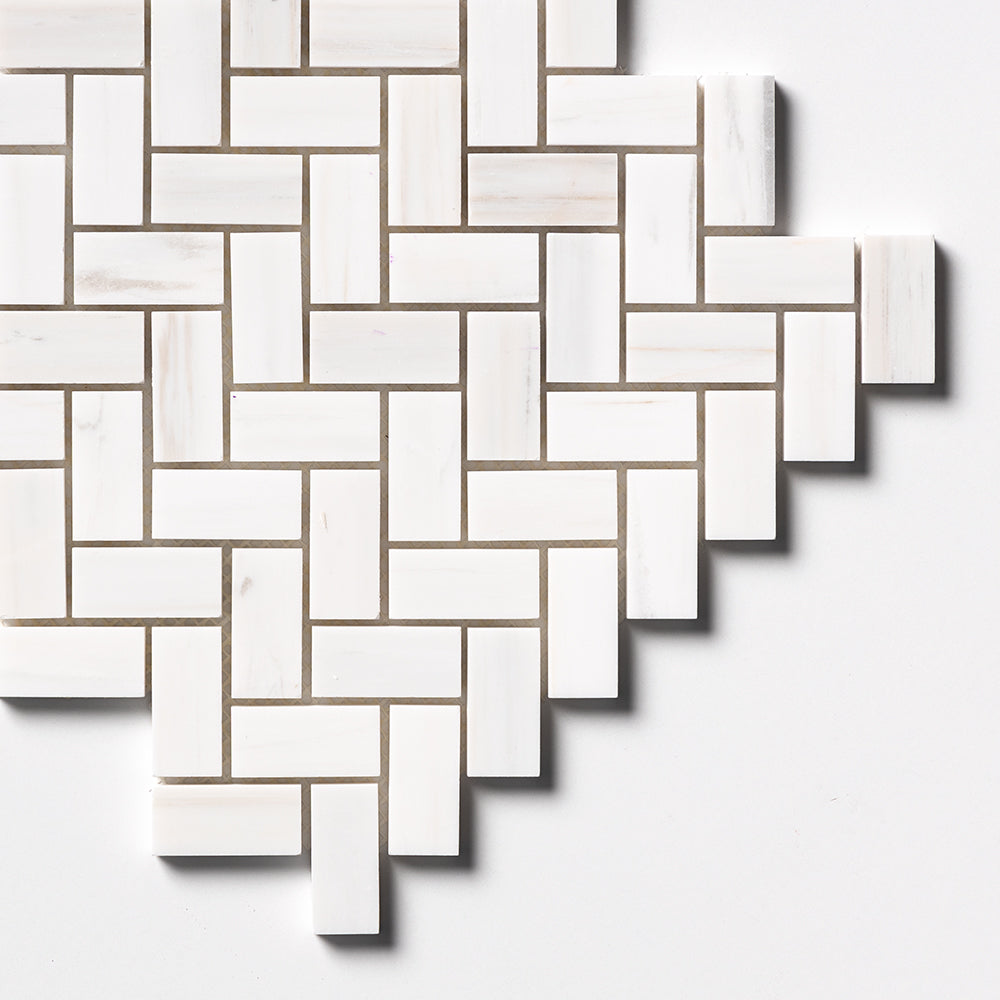 Bianco Dolomiti Classic Polished Herringbone 1x2 Marble Mosaic — 12 1/8 × 13 3/8 × 3/8 in