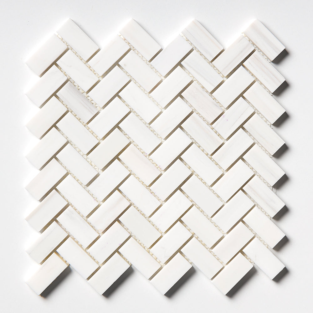 Bianco Dolomiti Classic Polished Herringbone 1x2 Marble Mosaic — 12 1/8 × 13 3/8 × 3/8 in