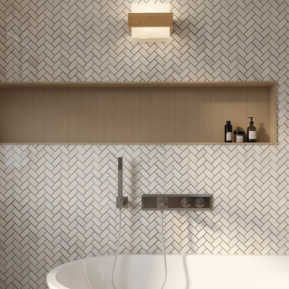 Bianco Dolomiti Classic Polished Herringbone 1x2 Marble Mosaic — 12 1/8 × 13 3/8 × 3/8 in