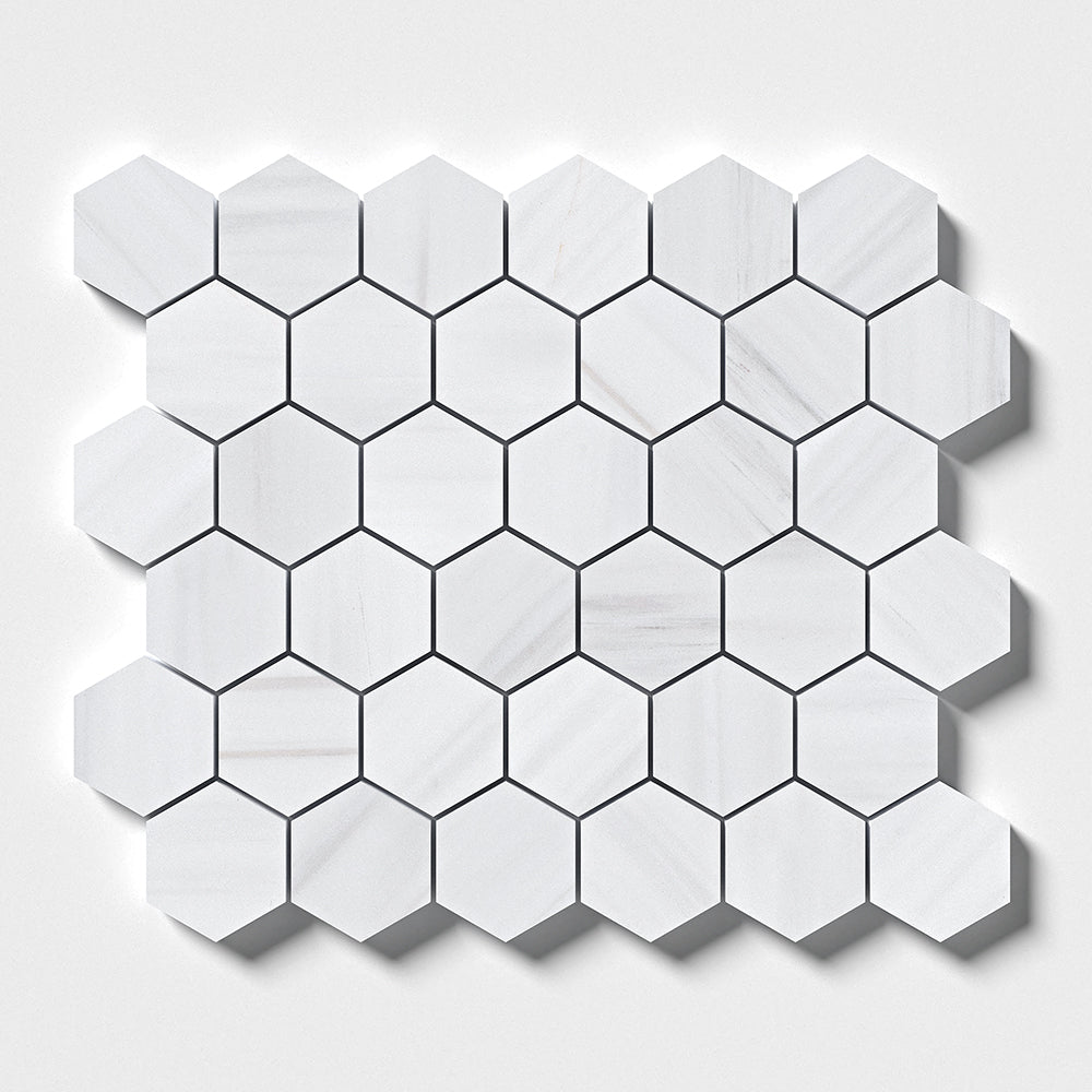 Bianco Dolomiti Classic Polished Hexagon Marble Mosaic — 10 3/8 × 12 × 3/8 in