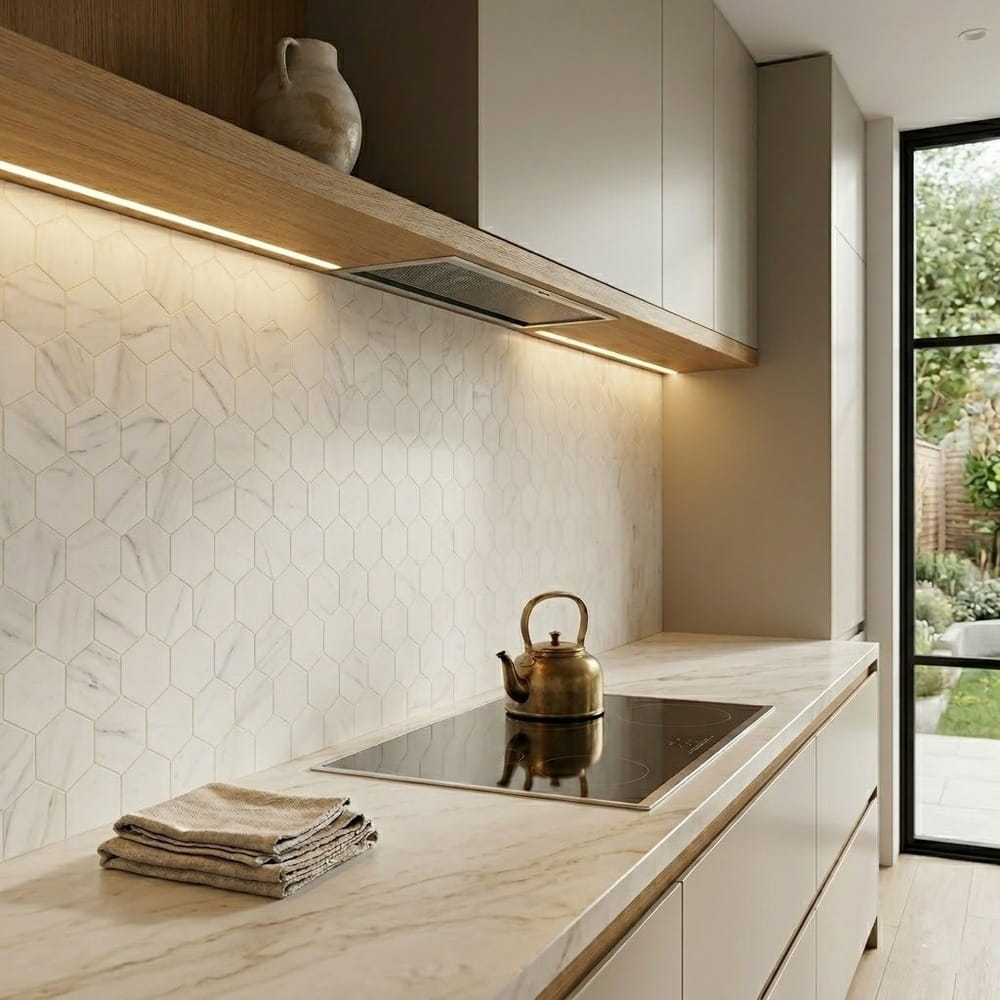 Bianco Dolomiti Classic Honed Hexagon Marble Mosaic — 10 3/8 × 12 × 3/8 in