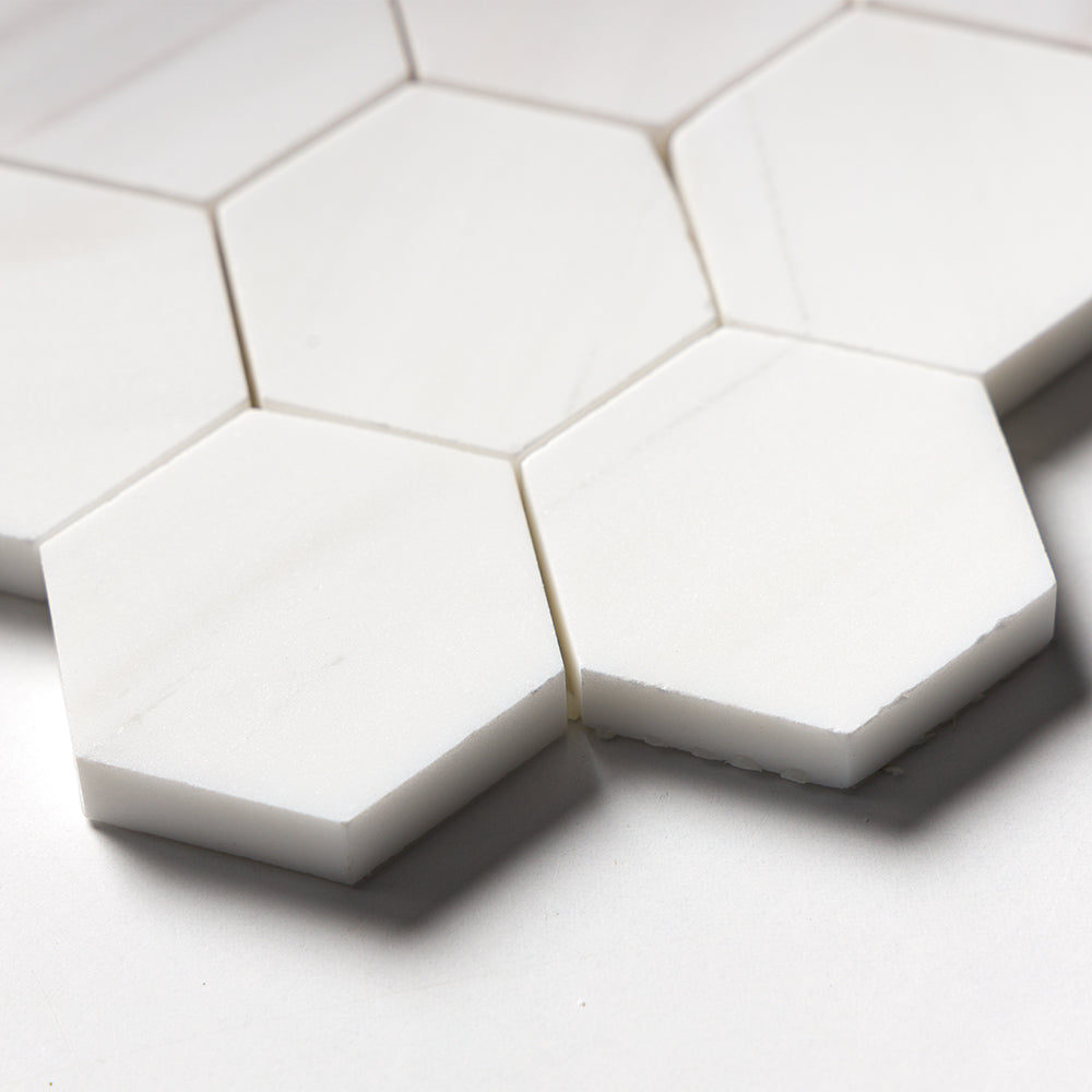 Bianco Dolomiti Classic Honed Hexagon Marble Mosaic — 10 3/8 × 12 × 3/8 in