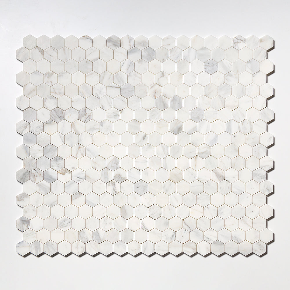 Calacatta Gold Royal Honed Hexagon 2 Marble Mosaic — 10 3/8 × 12 × 3/8 in