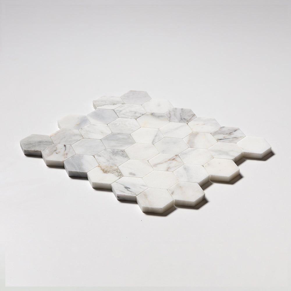 Calacatta Gold Royal Honed Hexagon 2 Marble Mosaic — 10 3/8 × 12 × 3/8 in