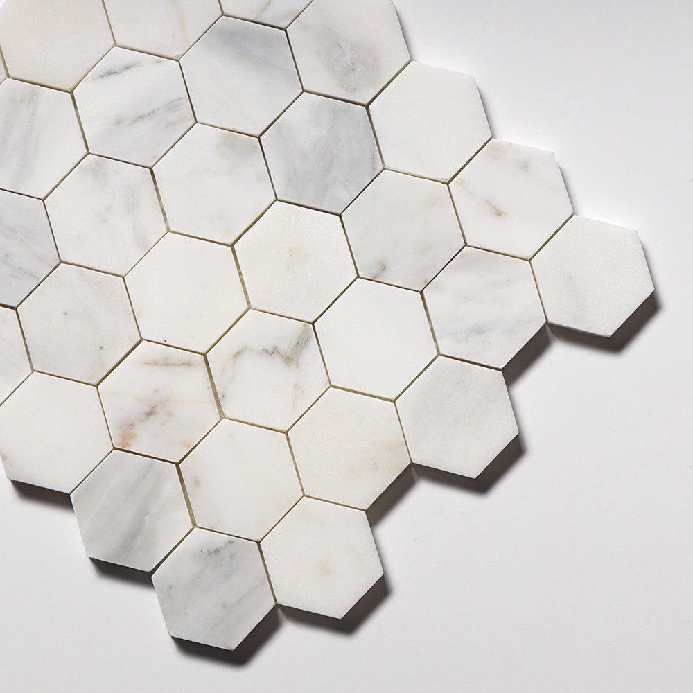 Calacatta Gold Royal Honed Hexagon 2 Marble Mosaic — 10 3/8 × 12 × 3/8 in