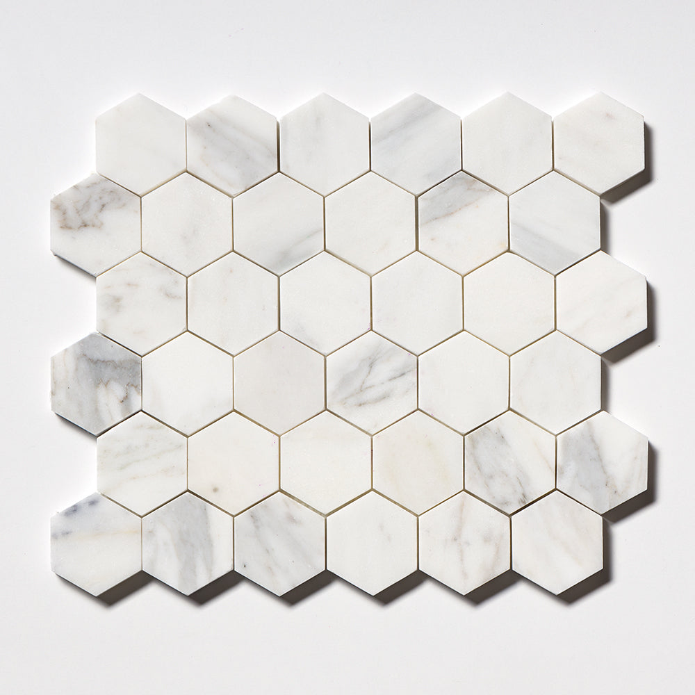 Calacatta Gold Royal Honed Hexagon 2 Marble Mosaic — 10 3/8 × 12 × 3/8 in
