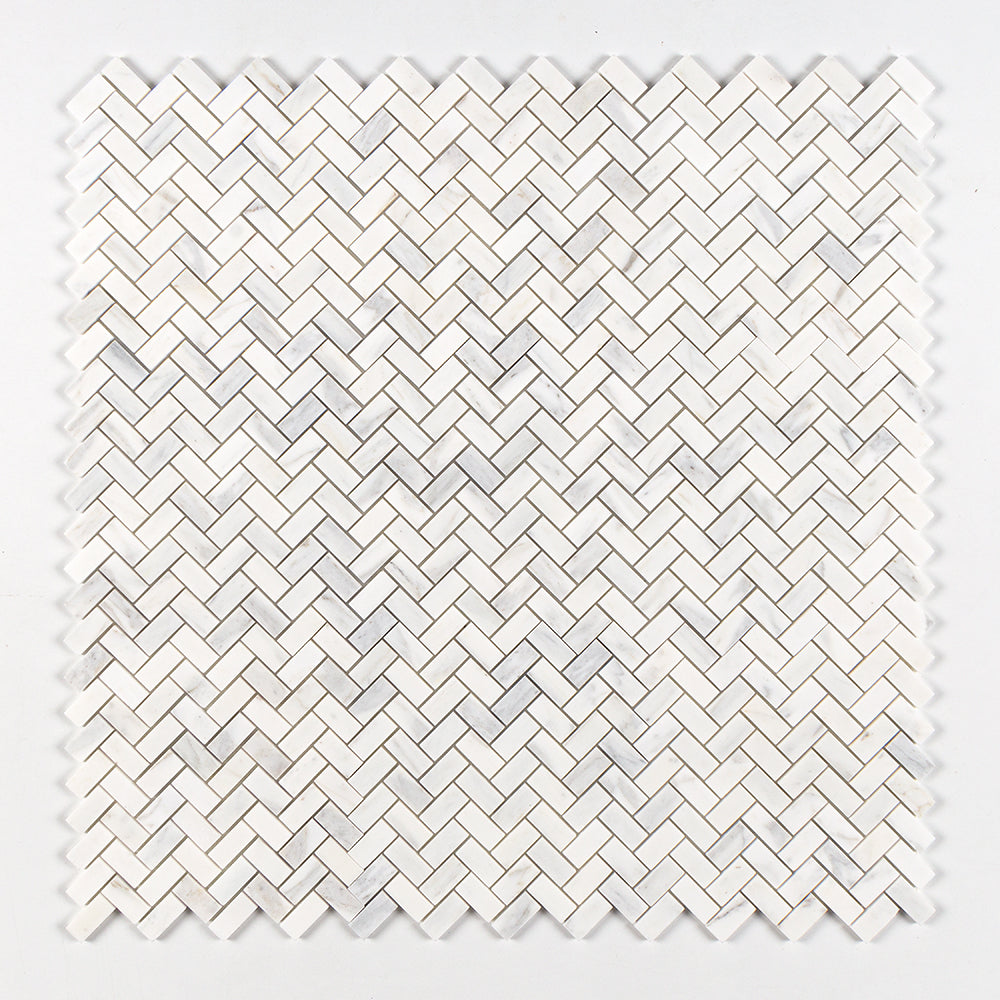 Calacatta Gold Royal Honed Herringbone 1x2 Marble Mosaic — 11 × 11 × 3/8 in