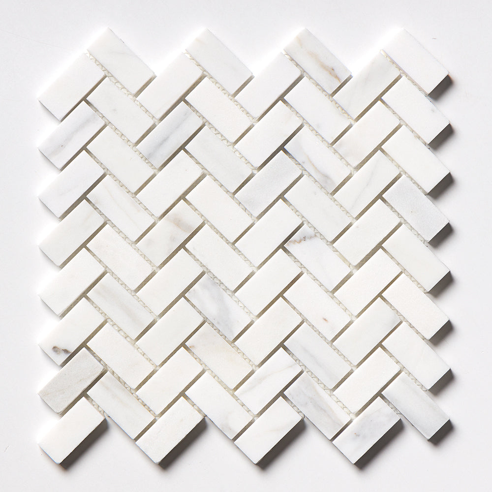 Calacatta Gold Royal Honed Herringbone 1x2 Marble Mosaic — 11 × 11 × 3/8 in