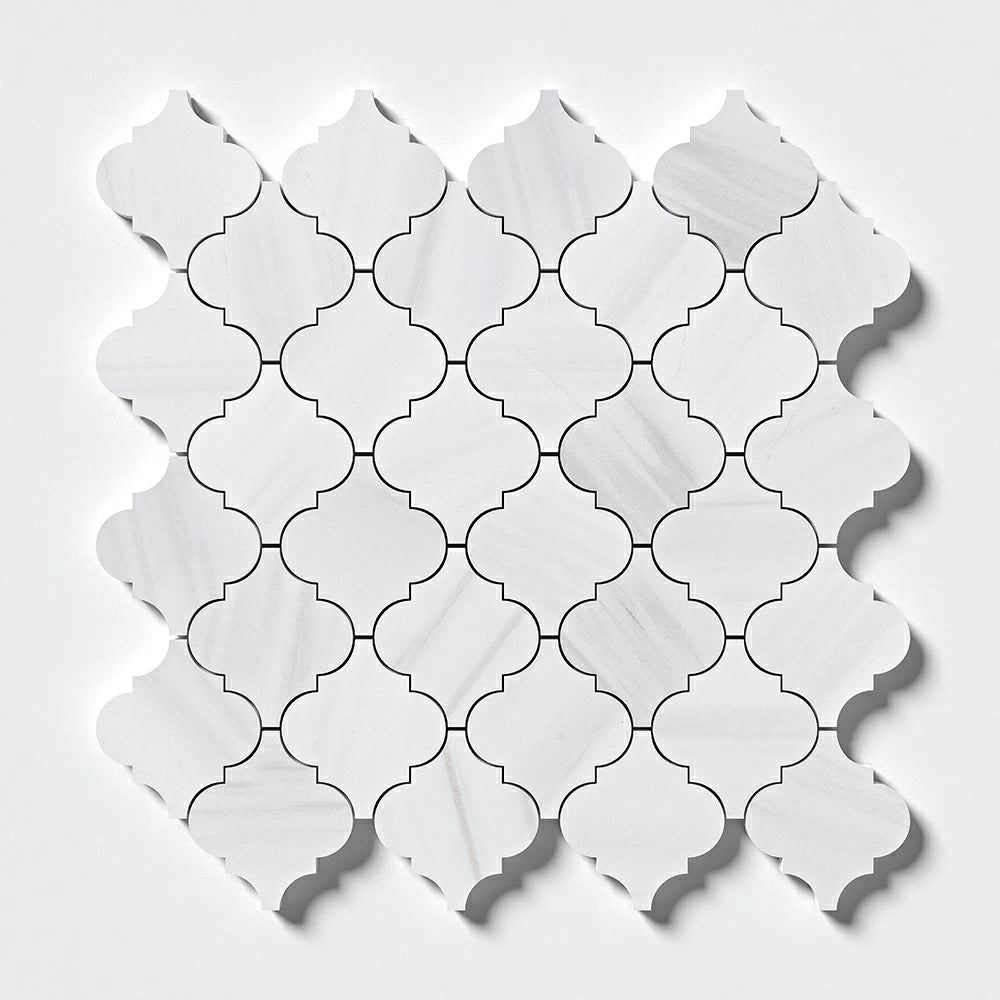 Bianco Dolomiti Classic Honed Meshed Arabesque Marble Mosaic — 10 3/8 × 12 × 3/8 in