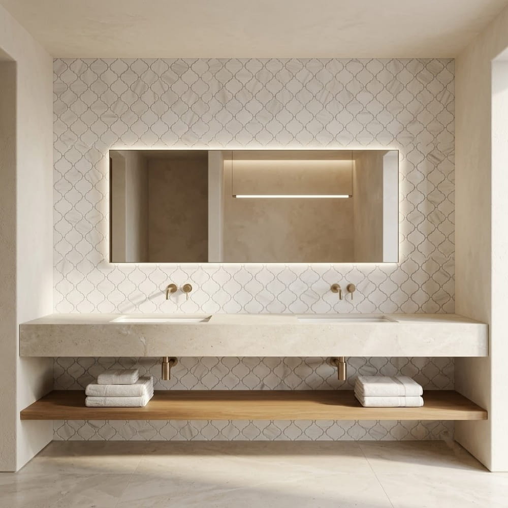 Bianco Dolomiti Classic Polished Arabesque Marble Mosaic — 12 × 12 × 3/8 in