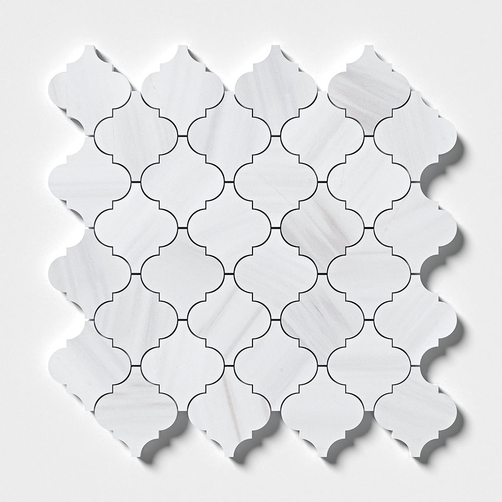 Bianco Dolomiti Classic Polished Arabesque Marble Mosaic — 12 × 12 × 3/8 in