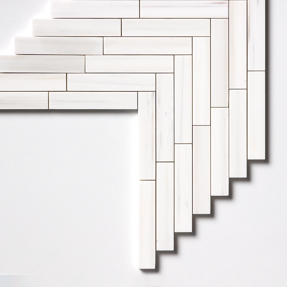 Bianco Dolomiti Classic Polished Large Herringbone Marble Mosaic — 12 7/8  ×  8 9/16 in