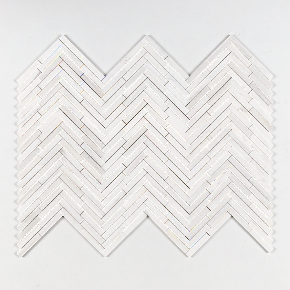Bianco Dolomiti Classic Honed Large Herringbone Marble Mosaic — 12 7/8  ×  8 9/16 in