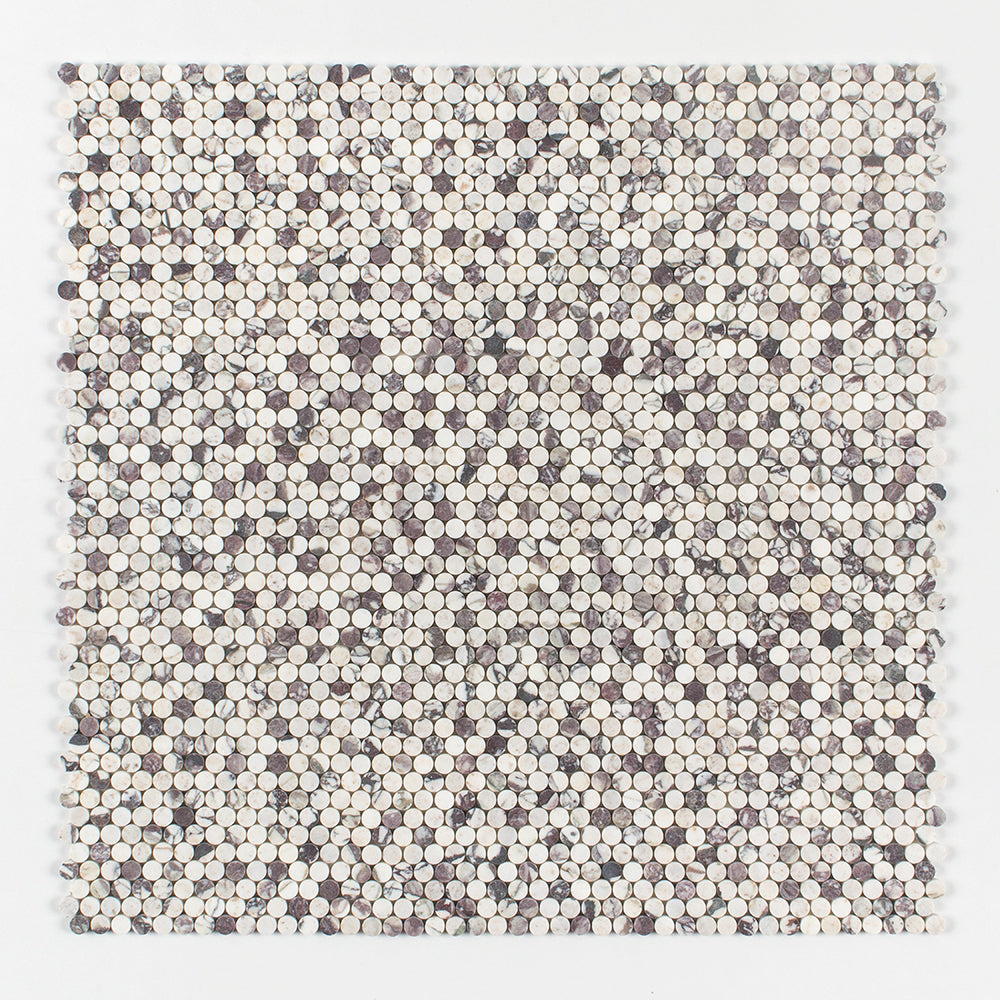 Calacatta Viola Honed Penny Round Marble Mosaic — 11 1/4 × 11 3/4 × 3/8 in