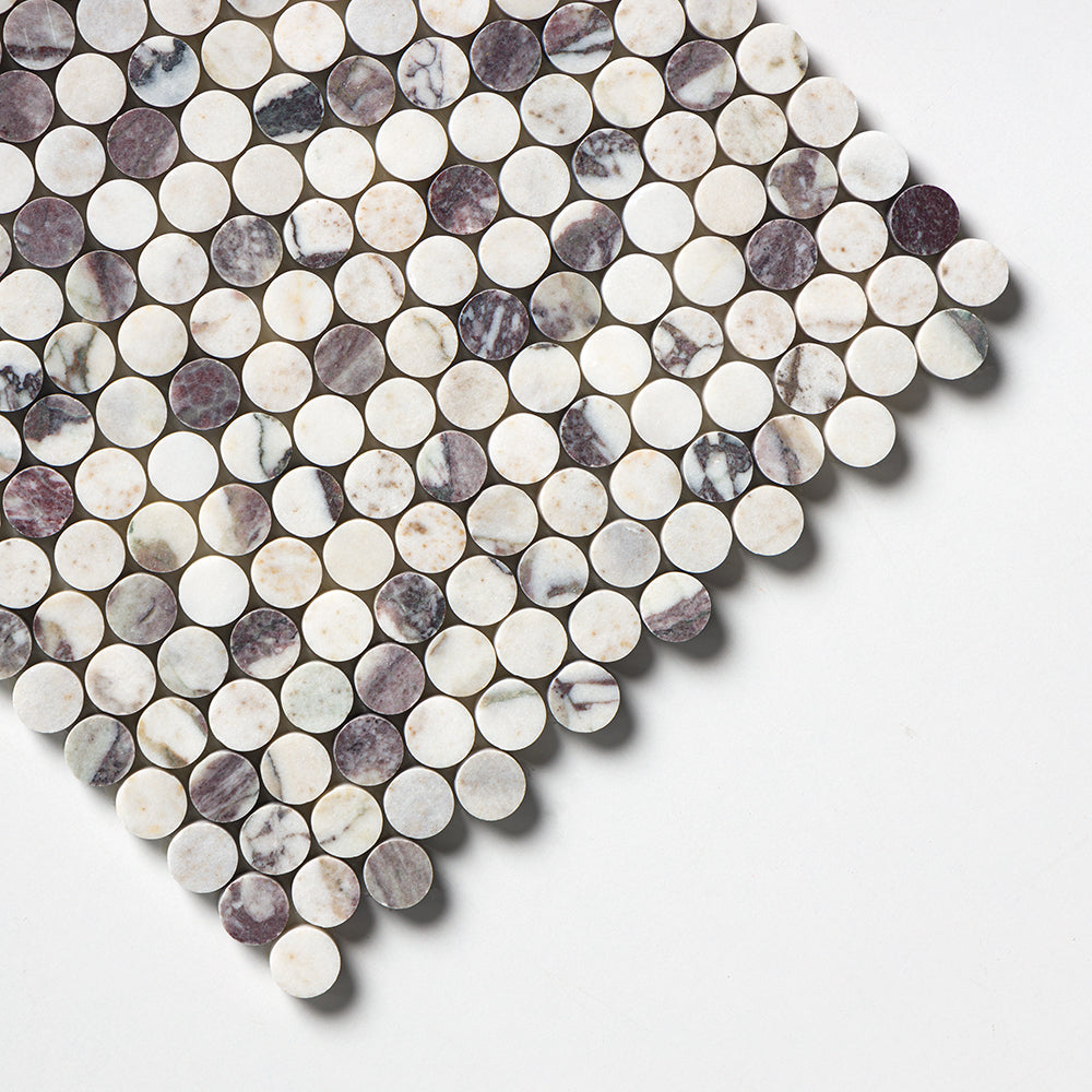 Calacatta Viola Honed Penny Round Marble Mosaic — 11 1/4 × 11 3/4 × 3/8 in