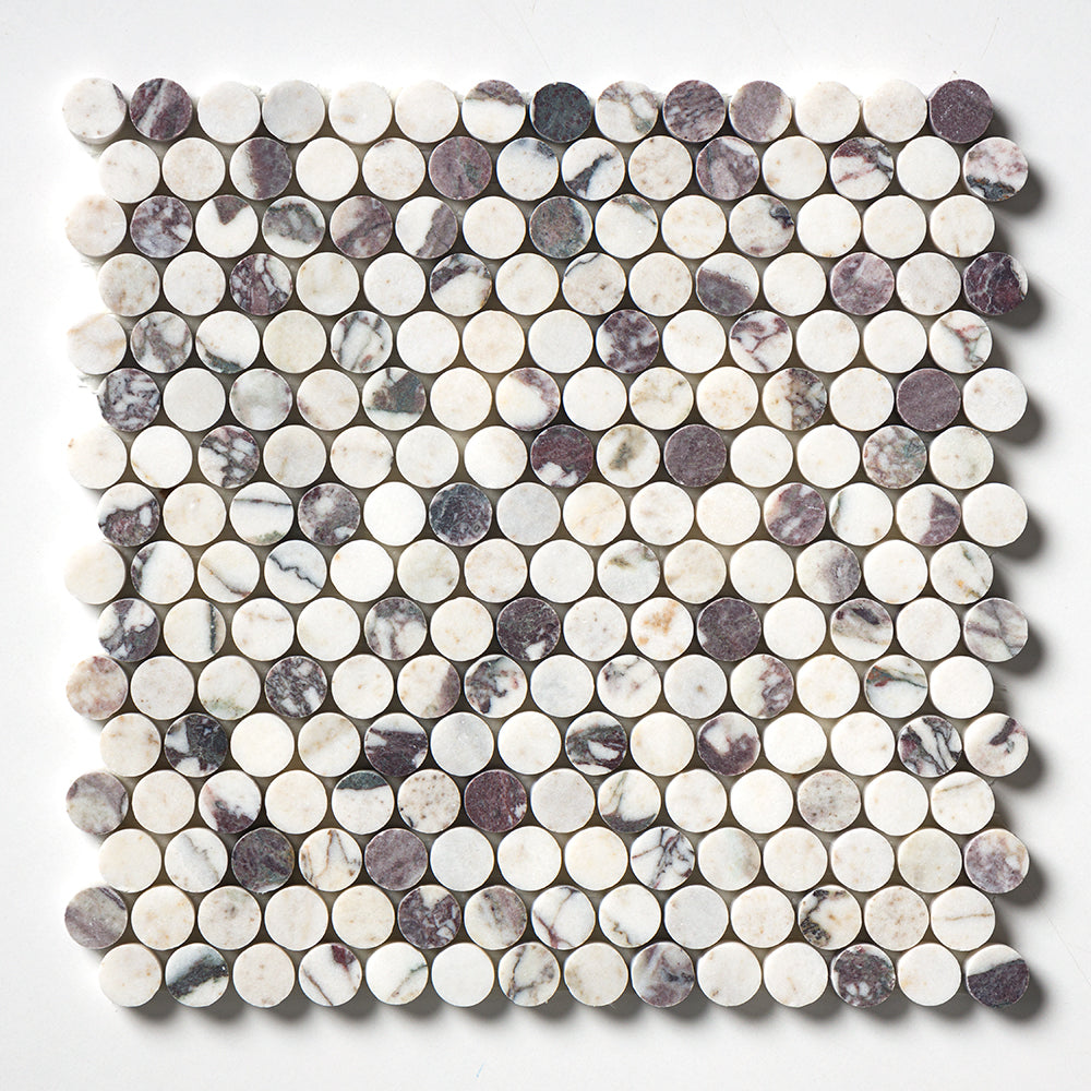 Calacatta Viola Honed Penny Round Marble Mosaic — 11 1/4 × 11 3/4 × 3/8 in
