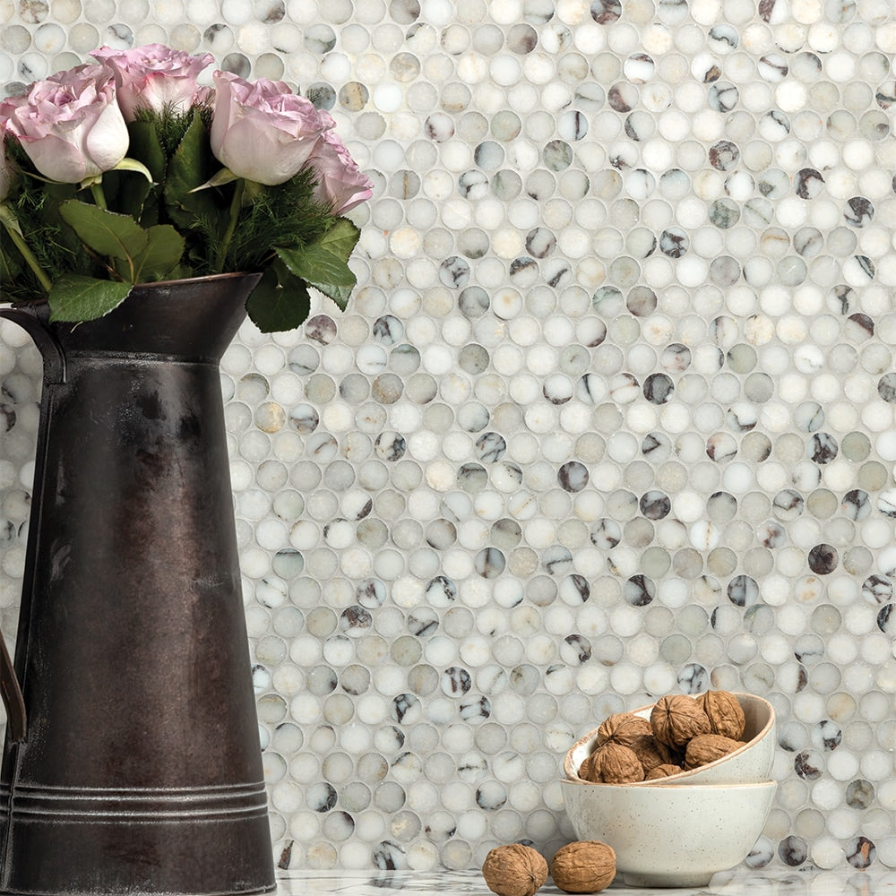 Calacatta Viola Honed Penny Round Marble Mosaic — 11 1/4 × 11 3/4 × 3/8 in
