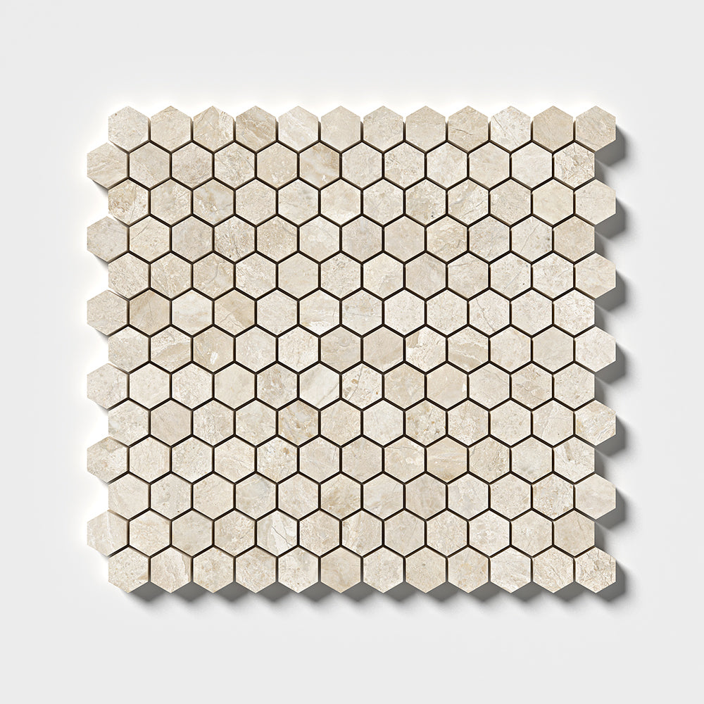 Diana Royal Honed Hexagon 1x1 Marble Mosaic — 11 5/8 × 12 × 3/8 in