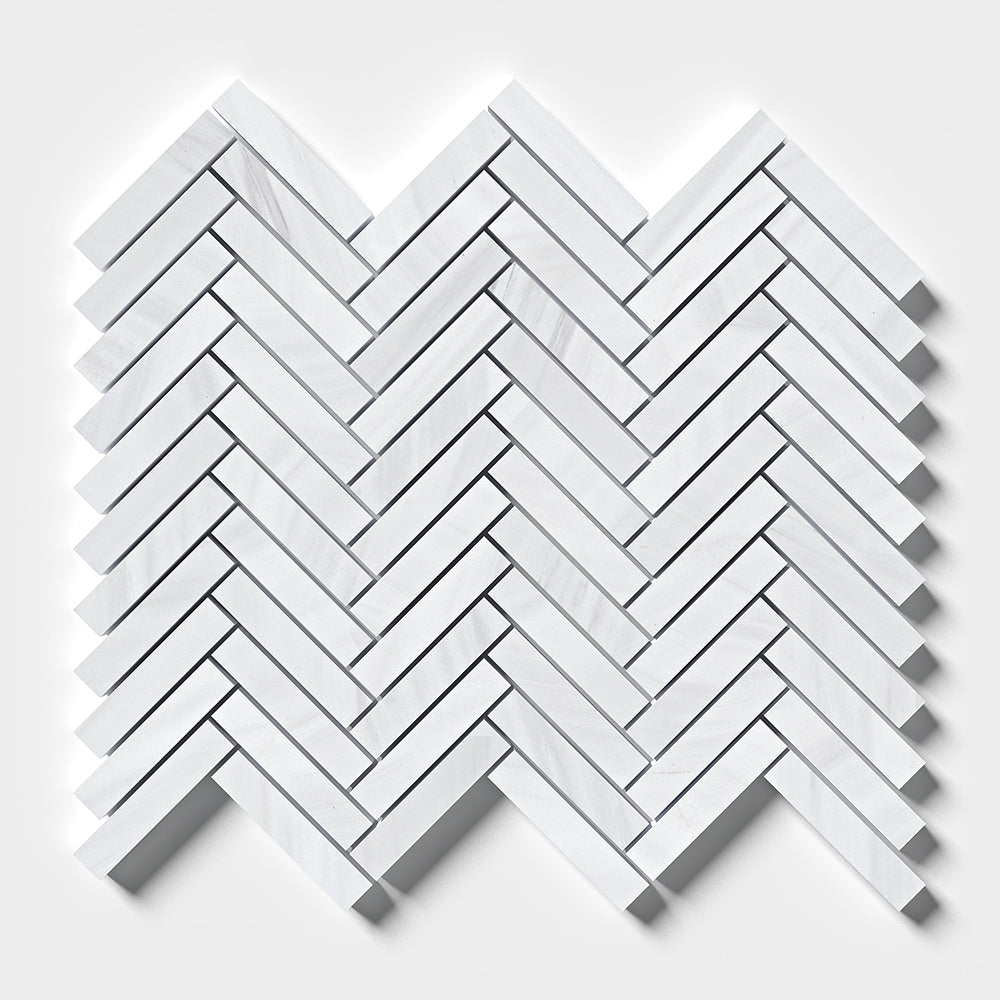 Bianco Dolomiti Classic Honed Herringbone 5/8x3 Marble Mosaic — 12 × 12 × 3/8 in