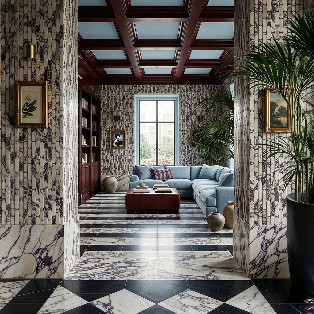 Calacatta Viola Honed Pill Marble Mosaic — 12 × 12 × 3/8 in