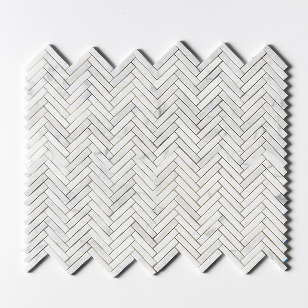 Calacatta Gold Honed Herringbone 5/8x3 Marble Mosaic — 10 7/16 × 12 13/16 × 3/8 in